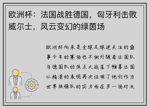 欧洲杯：法国战胜德国，匈牙利击败威尔士，风云变幻的绿茵场