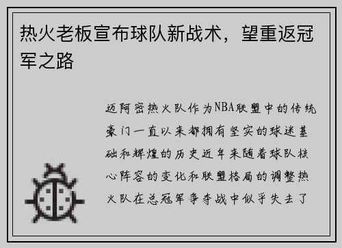 热火老板宣布球队新战术，望重返冠军之路